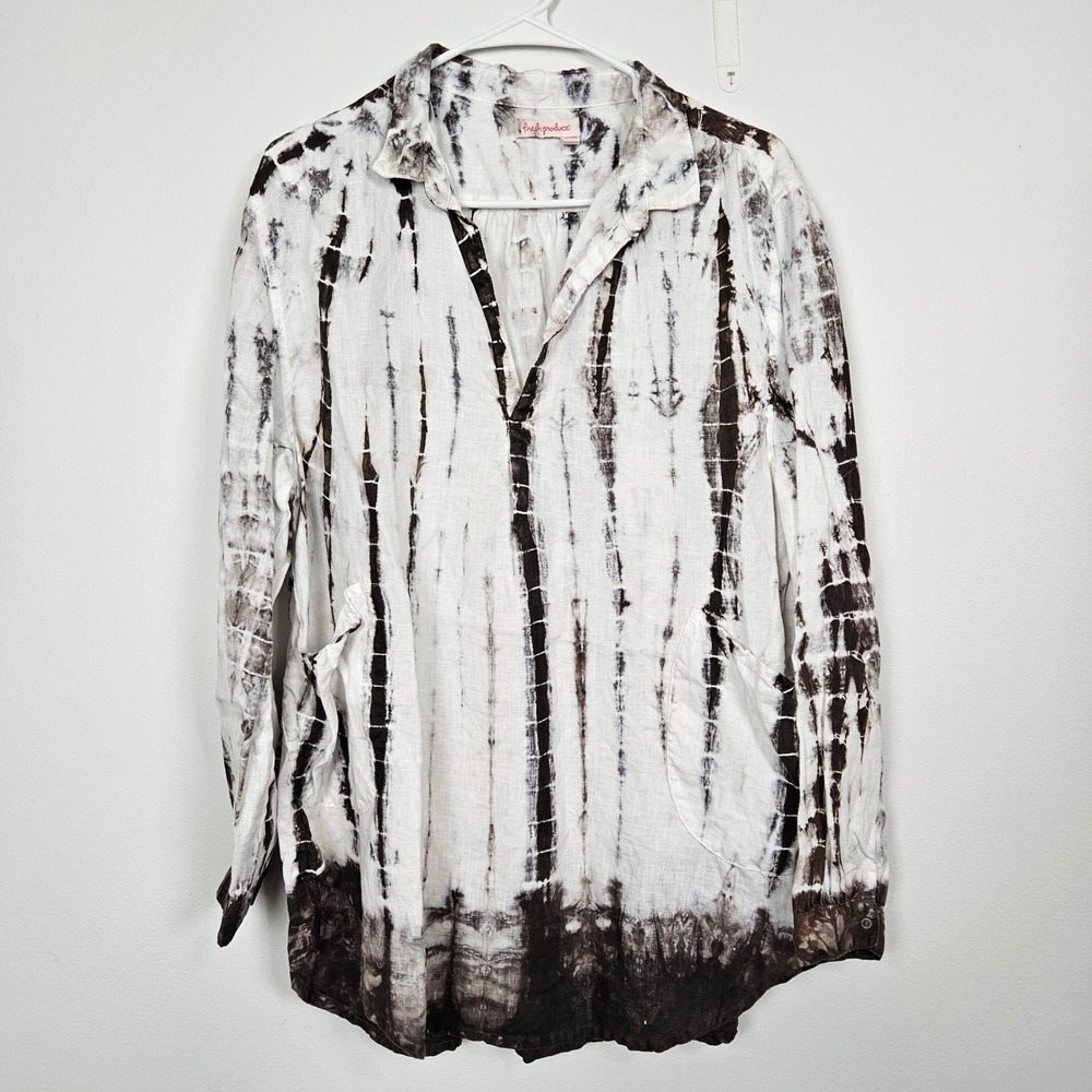 Fresh Produce Womens Top Sz M L Linen Tie Dye Pullover Tunic Shirt White Brown